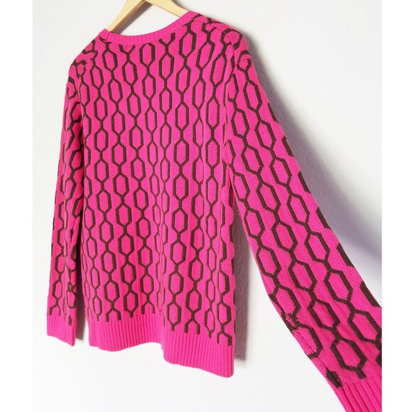 Trina Turk Merino Wool Pink Brown Geometric Honeycomb Crewneck Sweater Size M - Picture 13 of 14